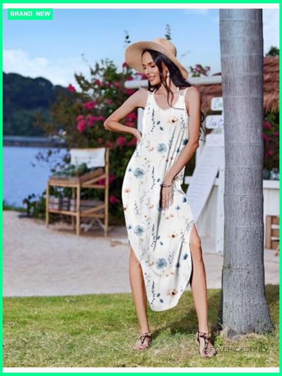 Casual Maxi Sundress Sleeveless V Neck Split Boho Beach Dress with Pockets - Picture 4 of 7